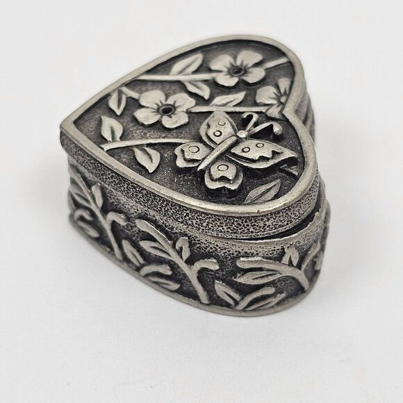 Vintage JJ Jonette Floral Heart Butterfly Brooch Pin Trinket Jewelry Box Pewter - Picture 5 of 13